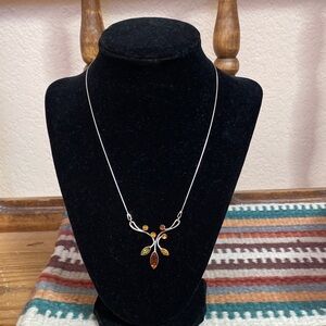 Sterling Silver Autumn Leaf Pendant Necklace with Three Colors of Amber